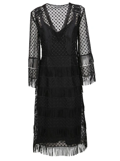 Shop Alberta Ferretti V Neck Layered Midi Dress In Black