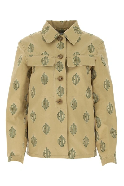 Shop Chloé Allover Logo Embroidered Overshirt In Beige