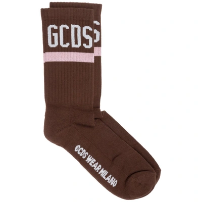 Shop Gcds Logo Intarsia Crew Socks In Brown