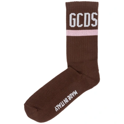 Shop Gcds Logo Intarsia Crew Socks In Brown