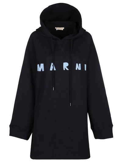Shop Marni Logo Print Oversize Hoodie In Blue