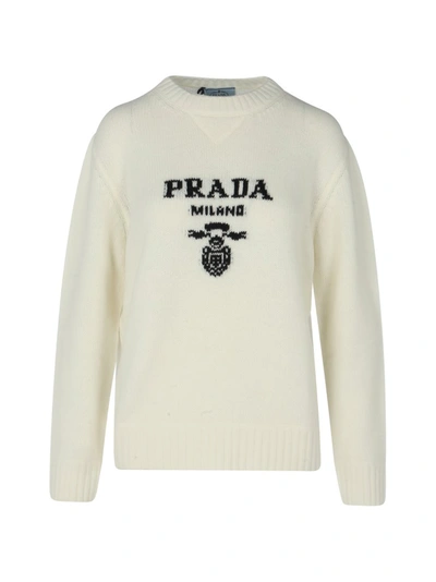 Shop Prada Logo Intarsia Crewneck Sweater In White