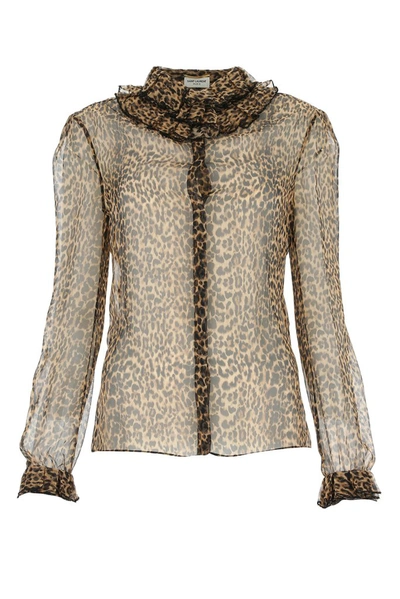 Shop Saint Laurent Leopard Print Sheer Ruffled Blouse In Multi