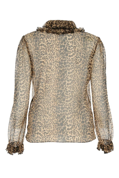 Shop Saint Laurent Leopard Print Sheer Ruffled Blouse In Multi