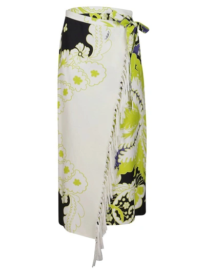 Shop Valentino Floral Printed Fringed Sarong Skirt In Multi