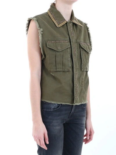 Shop Saint Laurent Embroidered Denim Vest In Green