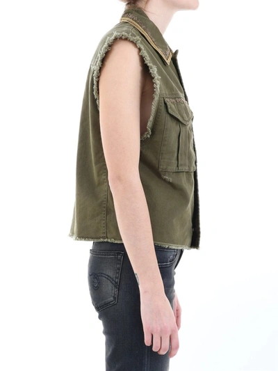 Shop Saint Laurent Embroidered Denim Vest In Green