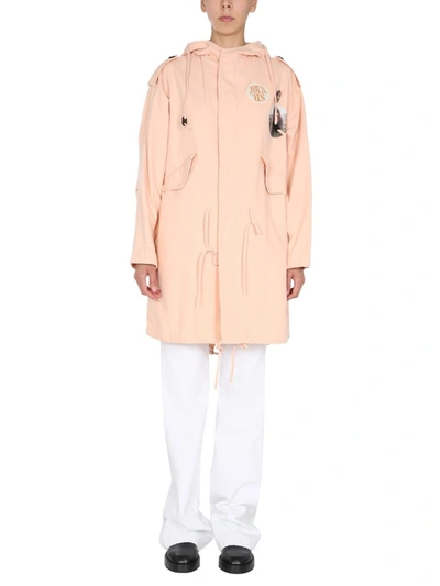 Shop Raf Simons Graphic Printed Hooded Coat In Pink
