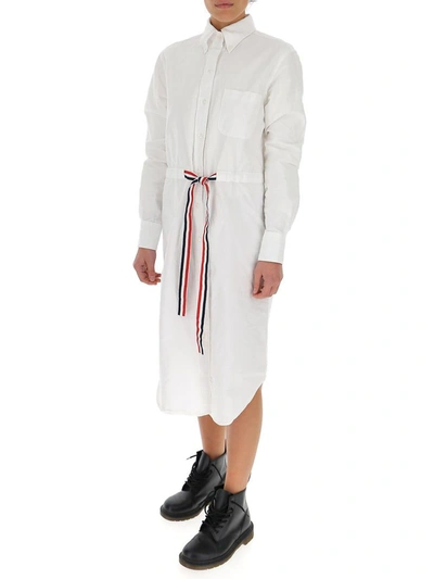 Shop Thom Browne Striped Tie Waist Shirt Dress In White