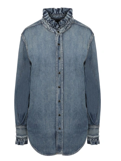 Shop Saint Laurent Ruched Denim Shirt In Blue