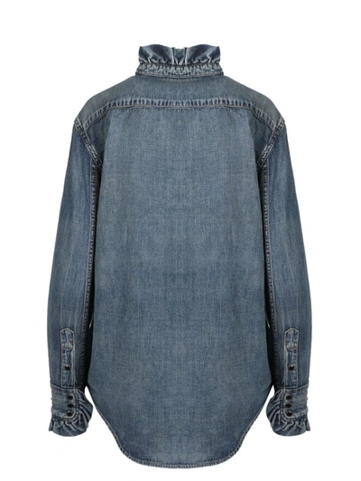 Shop Saint Laurent Ruched Denim Shirt In Blue