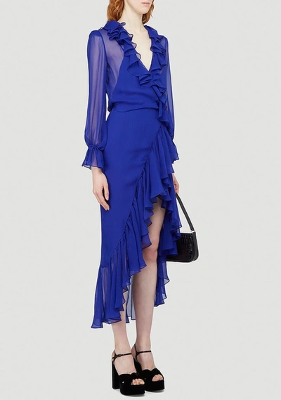 Shop Saint Laurent Ruffled Wrap Dress In Blue