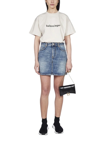 Shop Balenciaga Allover Logo Denim Skirt In Blue