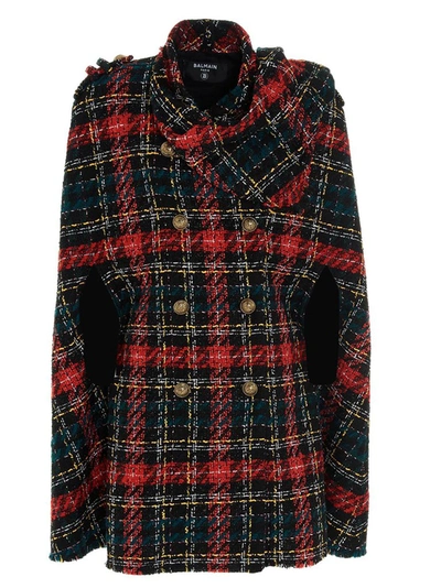 Shop Balmain Tartan Tweed Cape Coat In Multi