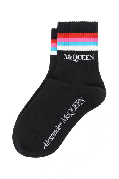 Shop Alexander Mcqueen Striped Logo Socks In Black