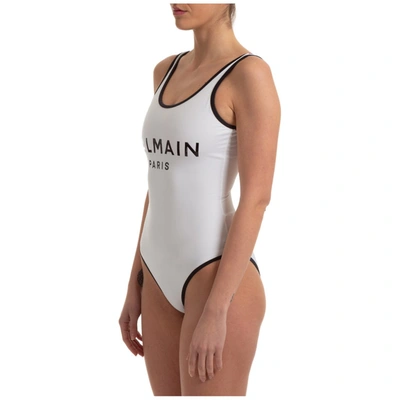 Shop Balmain Logo Printed Swimsuit In White