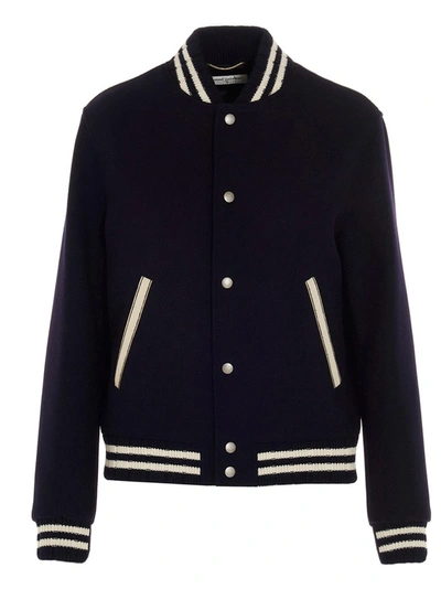 Shop Saint Laurent Teddy Varsity Jacket In Navy