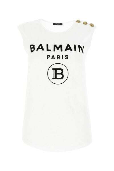 Shop Balmain Flocked Logo Sleeveless Top In White