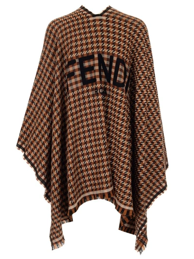 Shop Fendi Houndstooth Logo Knitted Poncho In Brown