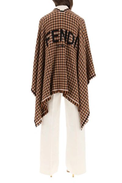 Shop Fendi Houndstooth Logo Knitted Poncho In Brown