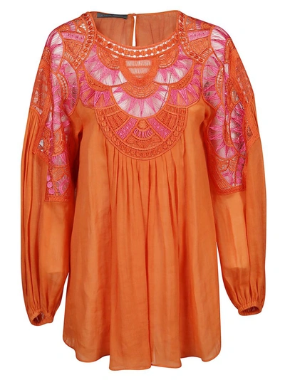 Shop Alberta Ferretti Embroidered Puff Sleeve Dress In Orange