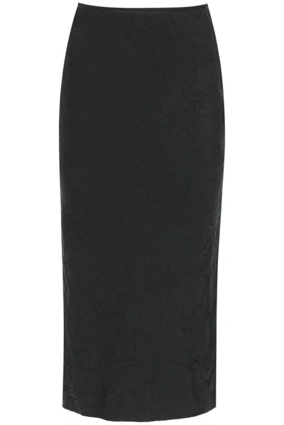 Shop Ganni Crinkled Satin Skirt In Black