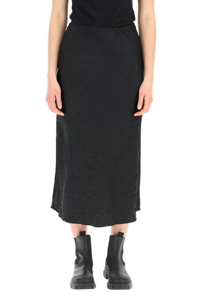 Shop Ganni Crinkled Satin Skirt In Black