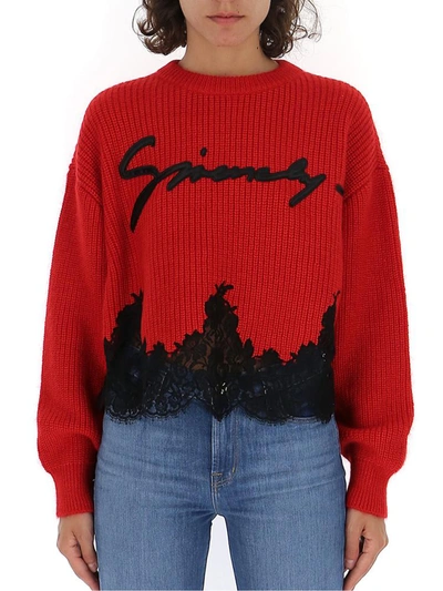 Shop Givenchy Lace Trim Logo Embroidered Sweater In Red