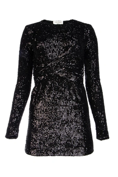 Shop Saint Laurent Sequins Mini Dress In Black