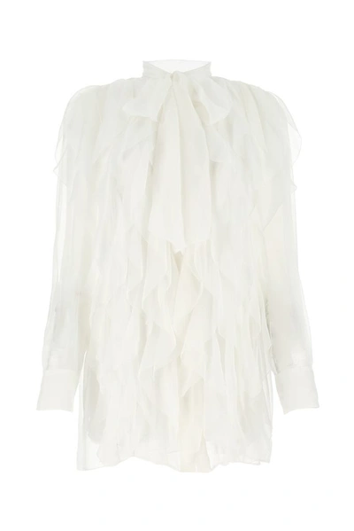 Shop Valentino Ruffled Sheer Chiffon Shirt In White