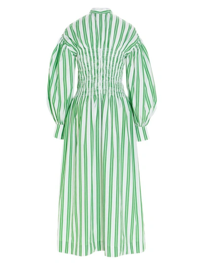 Shop Ganni Shirred Bodice Striped Midi Dress In Multi