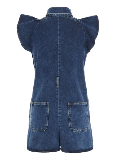 Shop Red Valentino Redvalentino Ruffle Trim Denim Playsuit In Blue