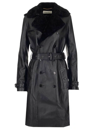 Shop Saint Laurent Belted Leather Trench Coat In Black