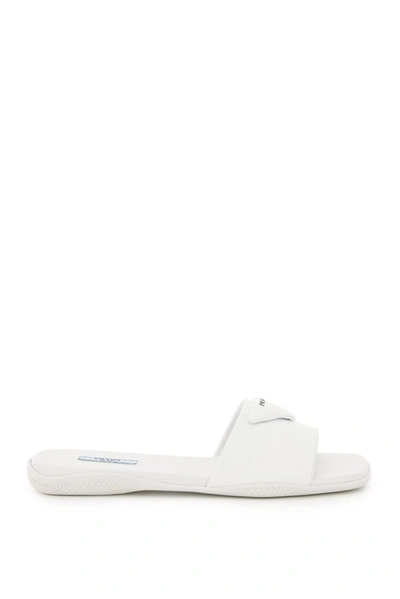 Shop Prada Logo Plaque Slide Sandals In White