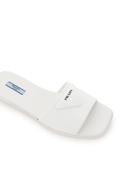 Shop Prada Logo Plaque Slide Sandals In White