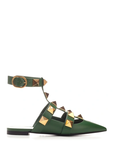 Shop Valentino Garavani Roman Stud Ballet Flats In Green