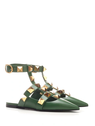 Shop Valentino Garavani Roman Stud Ballet Flats In Green