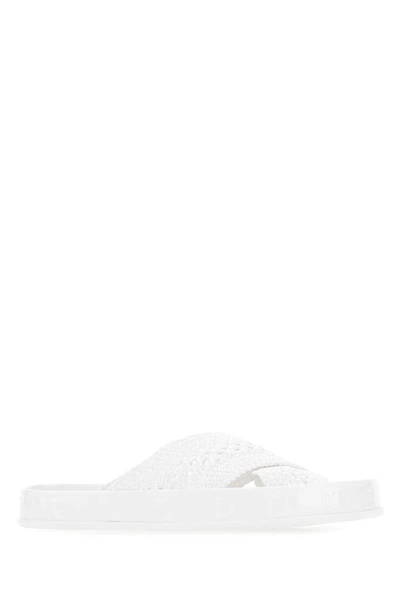Shop Fendi Reflections Woven Lace Slides In White