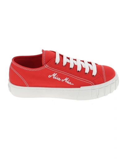 Shop Miu Miu Logo Embroidered Sneakers In Red