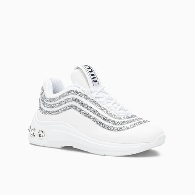 Shop Miu Miu Glitter Embellished Sneakers In White