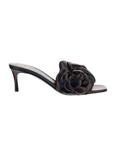Shop Valentino Rose Appliqué Slide Sandals In Black