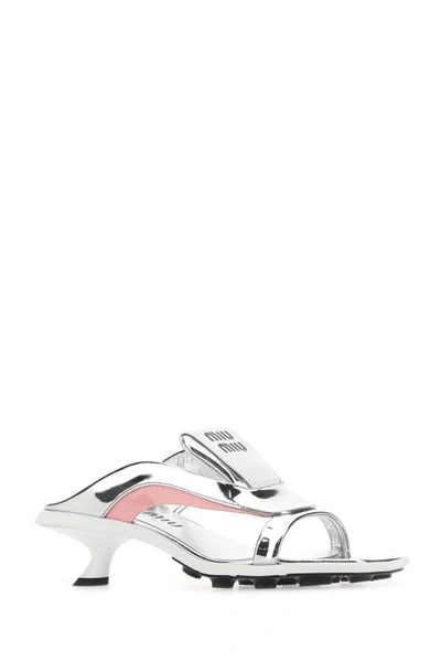 Shop Miu Miu Logo Kitten Heeled Sandals In Silver