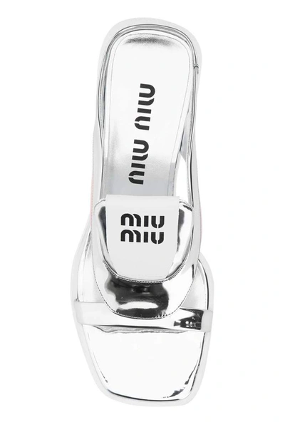 Shop Miu Miu Logo Kitten Heeled Sandals In Silver
