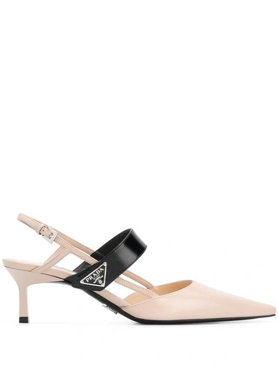 Shop Prada Logo Plaque Slingback Pumps In Beige