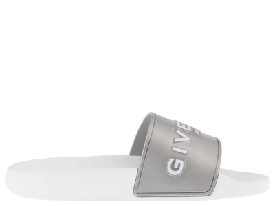 Shop Givenchy Logo Embossed Slides In Silver