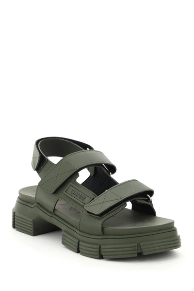 Shop Ganni Logo Patch Strapped Sandals In Green