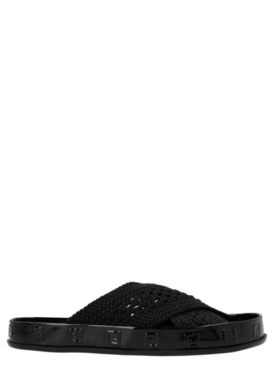 Shop Fendi Reflection Woven Lace Slides In Black