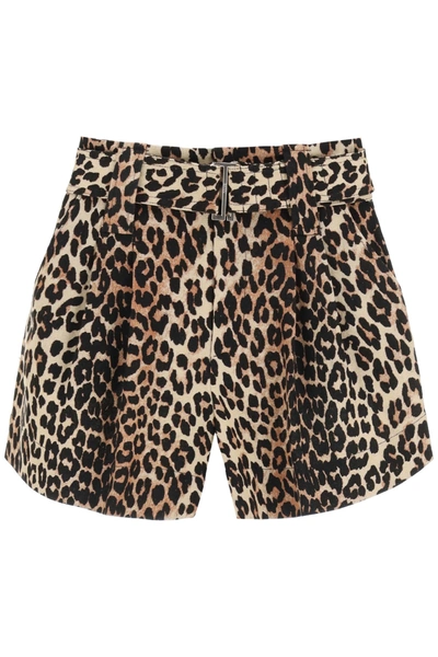 Shop Ganni Leopard Print Linen Blend Shorts In Mixed Colours