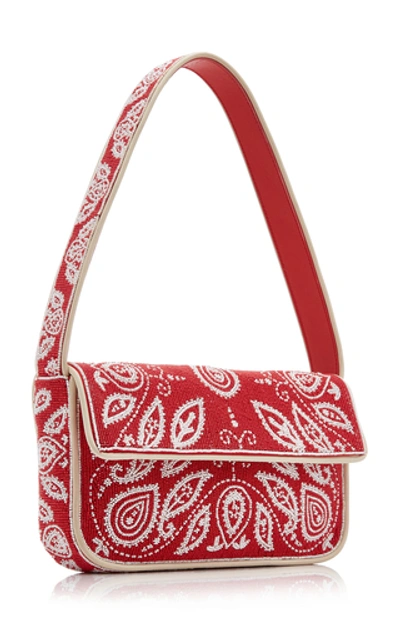 Shop Staud Tommy Beaded Leather Shoulder Bag In Red