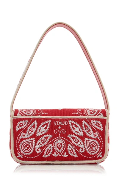 Shop Staud Tommy Beaded Leather Shoulder Bag In Red